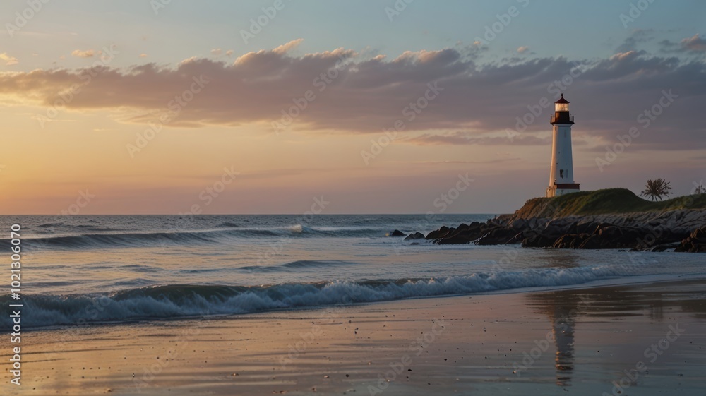 A lone lighthouse stands tall on a rocky shore, silhouetted against a vibrant sunset sky, as gentle waves lap at the sandy beach. A lone lighthouse stands tall on a rocky shore, silhouetted against a vibrant sunset sky, as gentle waves lap at the sandy beach.