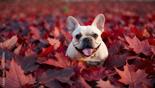 Happy Bulldog Sitting in Crimson Autumn Leaves