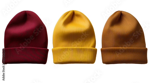 Burgundy, beige , yellow color beanie template. Wool beanie cap isolated, snow beanies hat layout, winter knitted hats garment empty design