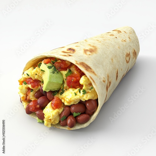 A 3D render of a breakfast burrito filled with scrambled eggs, beans, and salsa, served with a side of avocado, isolated on a white background photo