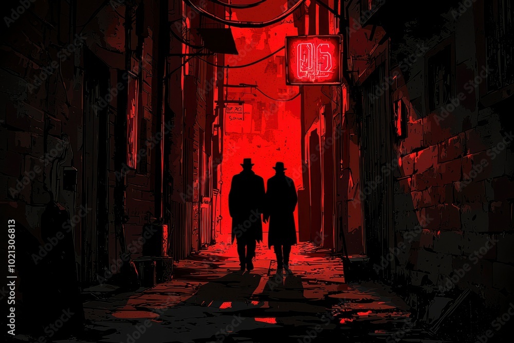 Two Silhouettes Walking in a Dark Alleyway with a Red Glow Two Silhouettes Walking in a Dark Alleyway with a Red Glow