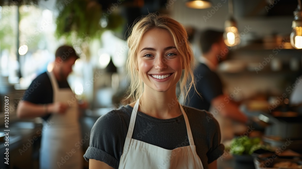 A smiling blonde woman wearing an apron is standing in the kitchen of her restaurant A smiling blonde woman wearing an apron is standing in the kitchen of her restaurant