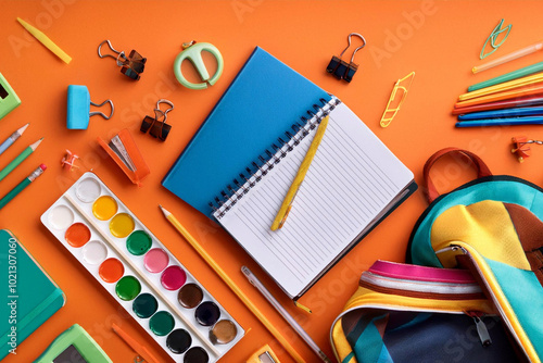 vista superior de objetos de escuela, articulos escolares sobre fondo blanco, concepto recursos editoriales educativos