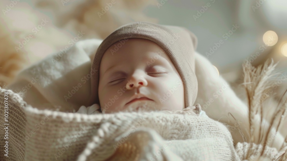 Obraz premium Sleeping Baby in a Knitted Blanket - Adorable Newborn Photography