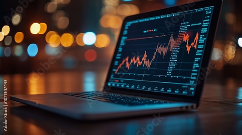 A stock market graph on the screen of an open laptop, with trading charts and financial data in the blurred background.