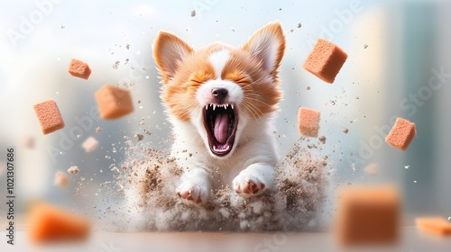 Enraged and Bewildered Puppy with Vibrant Digital Cubist Inspired Canine Portrait with Transparent Backdrop and Energetic Humorous Countenance photo