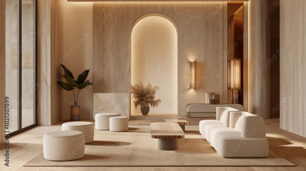 Minimalist Living Room with Archway and Beige Walls Minimalist Living Room with Archway and Beige Walls