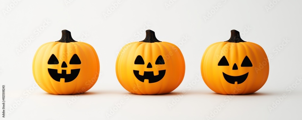 Adorably simple Halloween pumpkins lined up against a clean white background for a minimalistic festive vibe Adorably simple Halloween pumpkins lined up against a clean white background for a minimalistic festive vibe