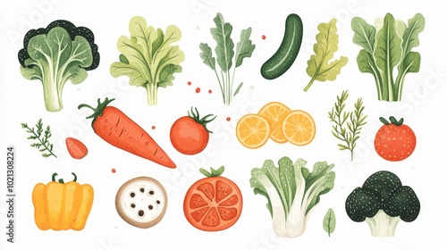 Whimsical Organic Bio Vegetables - Anime Vector Illustration in Minimalist Paper Cut Style on Clean White Background with Adobe Illustrator Aesthetic