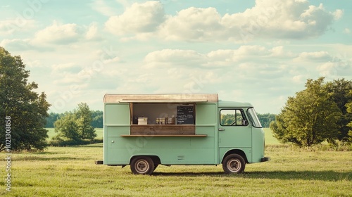 Vintage mint green food truck parked in a field on a sunny day