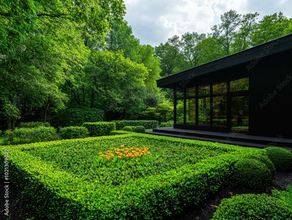 Fototapeta premium Modern Tranquil Garden with Geometric Topiary Designs