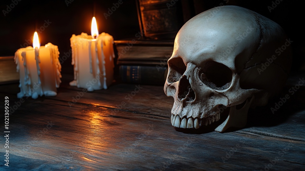 Mysterious skull with candles on dark wooden surface Mysterious skull with candles on dark wooden surface