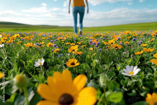 Realistic depiction of a field of wildflowers with a person walking through it, symbolizing the transcendentalist celebration of natureâ€™s beauty and the rejection of industrialization photo