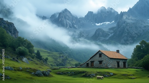 A small stone farmhouse nestled in the lush green valley,set against a backdrop of misty mountains