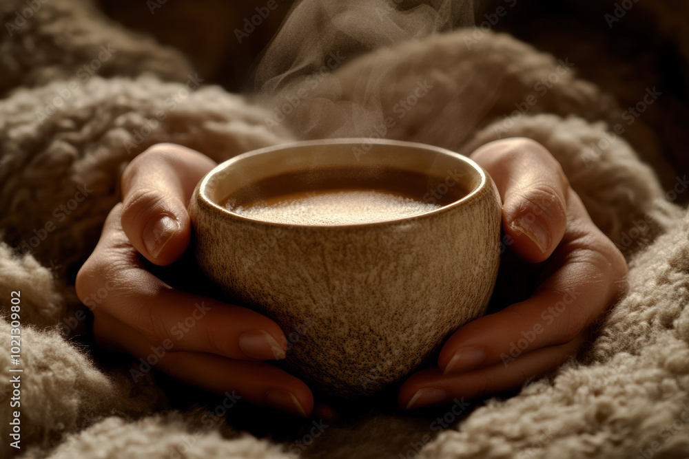 Hands Holding a Steaming Cup in a Cozy Blanket, Close-up of hands cradling a steaming cup while wrapped in a soft, textured blanket, evoking warmth and comfort on a chilly day.
Hands Holding a Steaming Cup in a Cozy Blanket, Close-up of hands cradling a steaming cup while wrapped in a soft, textured blanket, evoking warmth and comfort on a chilly day.