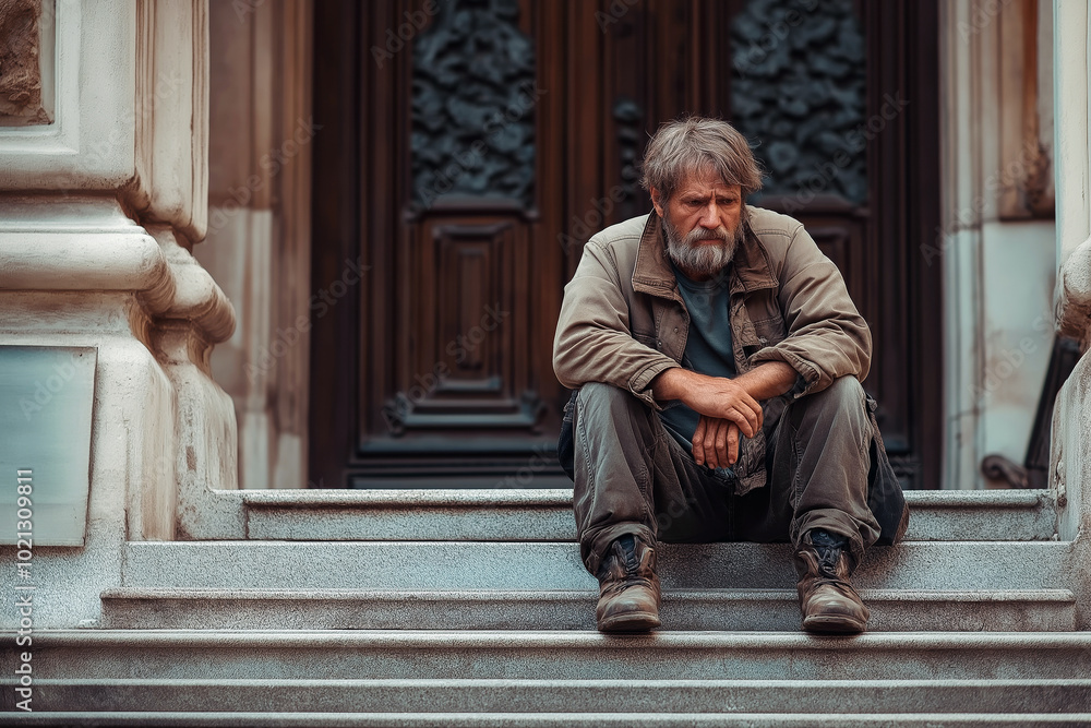 A homeless man with a scruffy beard sitting on the steps of an old building, watching people pass by. A homeless man with a scruffy beard sitting on the steps of an old building, watching people pass by.