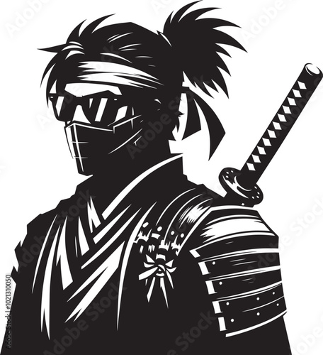 samurai warrior sward man mascot Silhouette illustration isolated on a white background