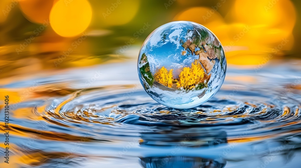 A crystal-clear droplet reflecting a vivid Earth, creating ripples on a serene water surface, with a warm, glowing background. A crystal-clear droplet reflecting a vivid Earth, creating ripples on a serene water surface, with a warm, glowing background.