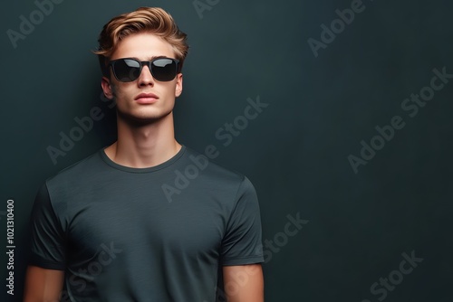 modern, stylish and confident man wearing black sunglasses