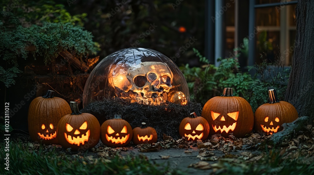 Fototapeta premium A strange bone dome and glowing jack-o'-lanterns 