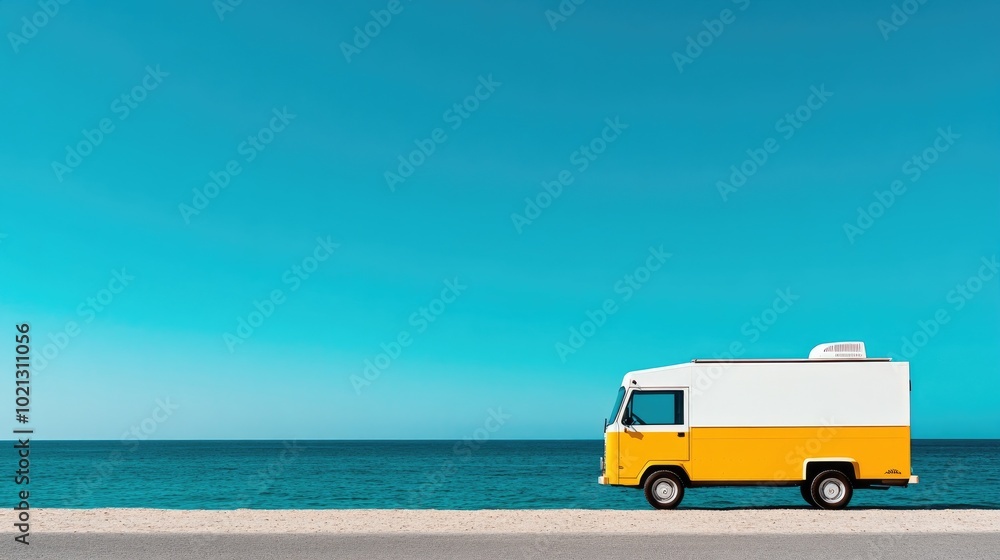 Fototapeta premium Classic van parked next the ocean on a sunny day