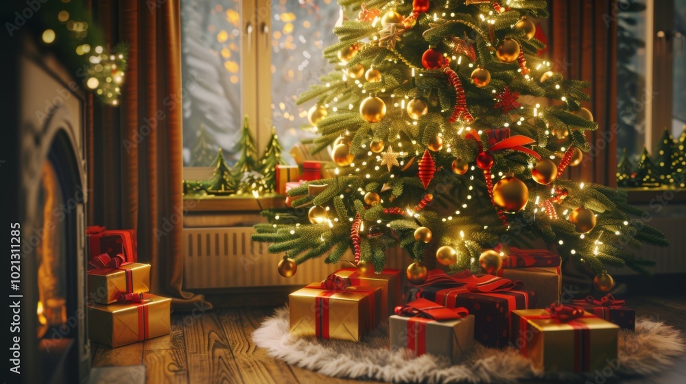 Fototapeta premium Christmas Tree Decorated with Lights and Ornaments