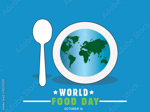 world food day. October 16 2024 template, banner, card, poster, with chef cap, fish fork, knife, egg, burger, world map, spoon, plate with green, blue, sky blue The day promote global

 photo