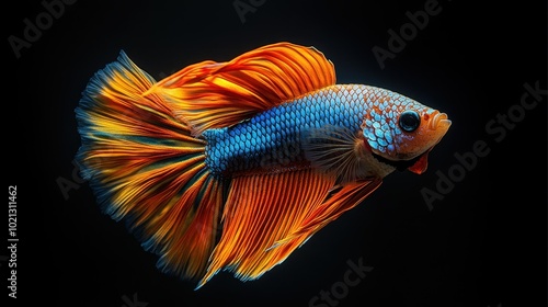 Vibrant Betta Fish Isolated on Black Background, Natural Animal Art and Feng Shui Concept 