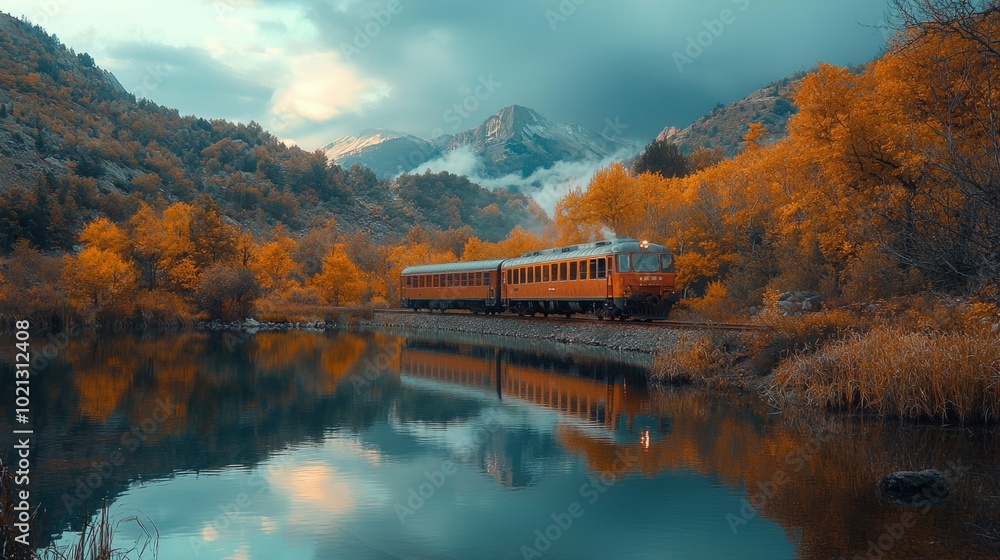 Obraz premium Red train moving along lake in beautiful mountain landscape