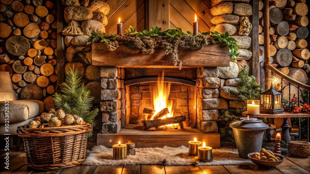 Cozy rustic fireplace with warm flames and wooden decor creating a welcoming atmosphere indoors Cozy rustic fireplace with warm flames and wooden decor creating a welcoming atmosphere indoors