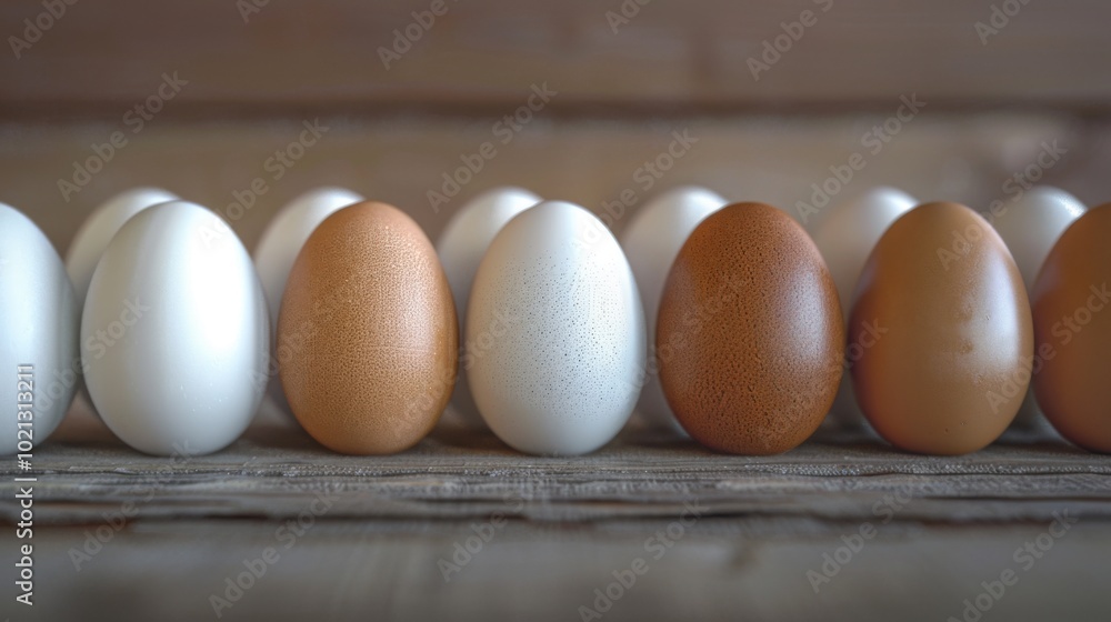 Fresh Farm Eggs: A Row of White and Brown Eggs Fresh Farm Eggs: A Row of White and Brown Eggs