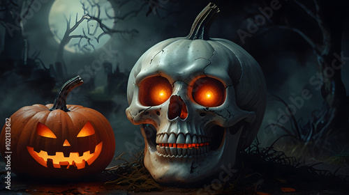 Scary atmosphere with skulls, pumpkins, ghosts, Happy Halloween