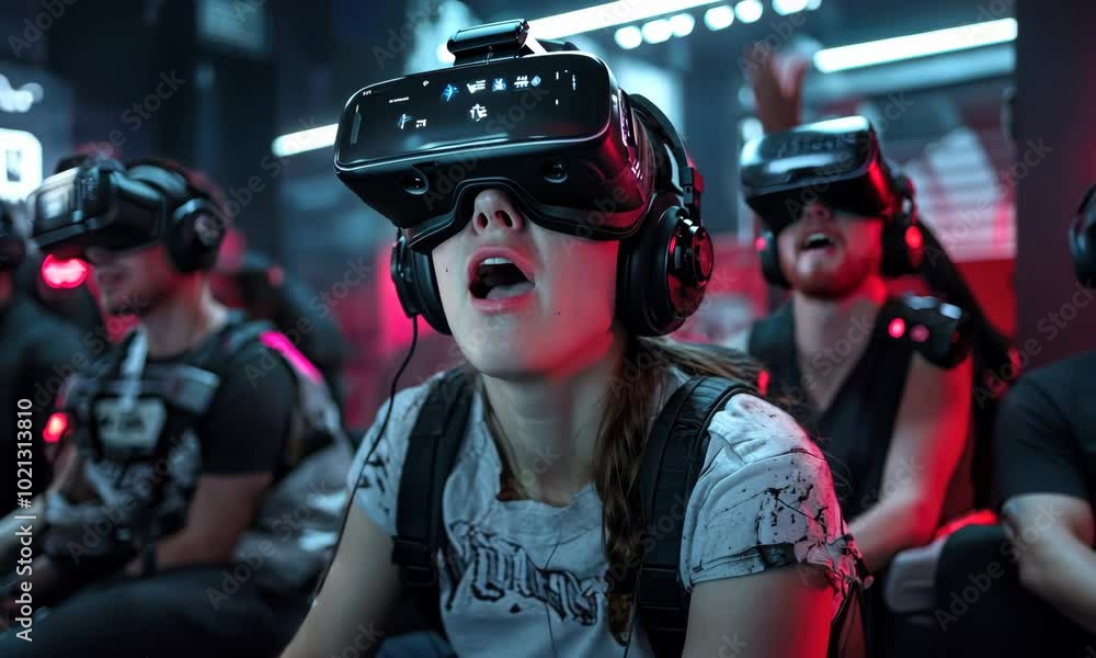 VRゴーグルを装着して悔しさを表す若い女性ゲーマー VRゴーグルを装着して悔しさを表す若い女性ゲーマー