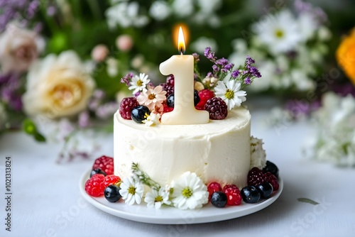 First birthday celebration cake adorned with flowers and fresh berries in a festive setting photo