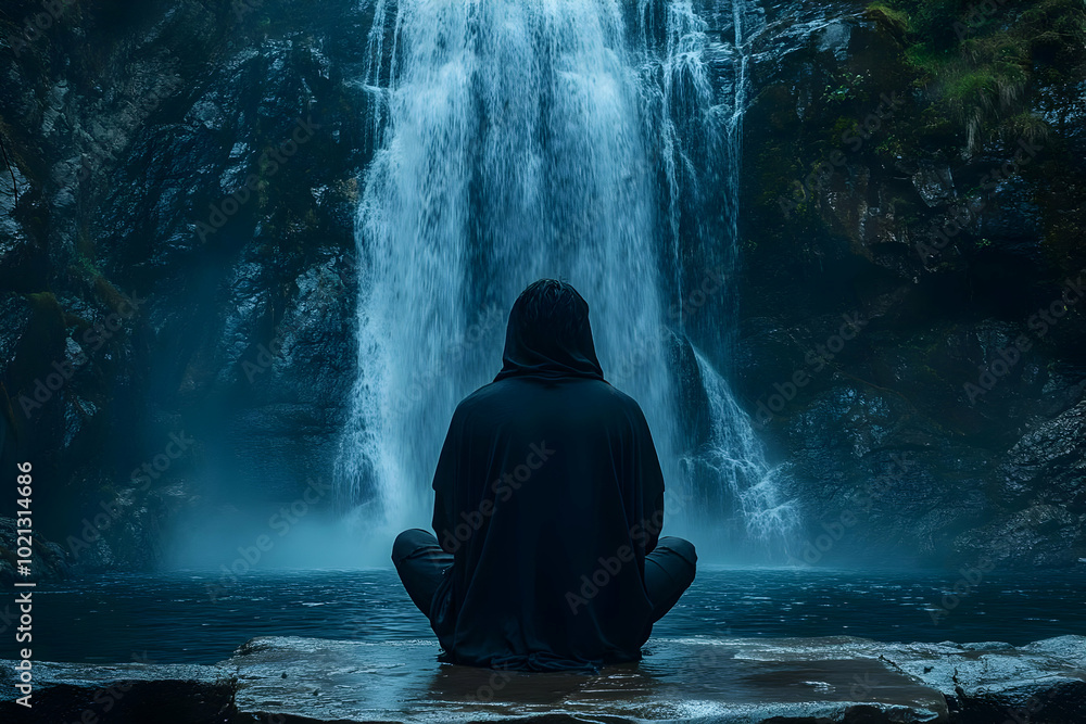 A lone figure sits in meditation in front of a powerful waterfall, the mist rising from the water creates a serene and mystical atmosphere. A lone figure sits in meditation in front of a powerful waterfall, the mist rising from the water creates a serene and mystical atmosphere.