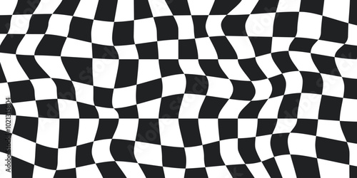 Twisted checkered colorful background. Abstract vector pattern. Black and white colors. Retro wavy psychedelic checkerboard