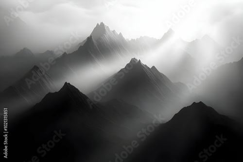 A Dramatic Black and White 3D Render of a Mountain Range with Sun Rays Piercing Through the Clouds, Creating a Serene and Ethereal Atmosphere
