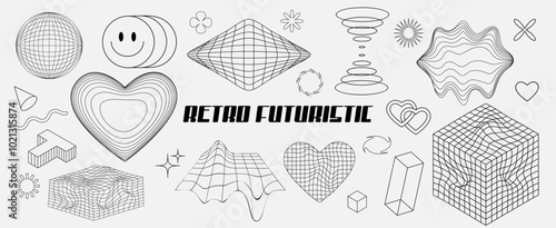Vector graphic assets set in acid style, retro futuristic background with wireframe elements of different forms.  Retro-futuristic style. Set of rave trip elements