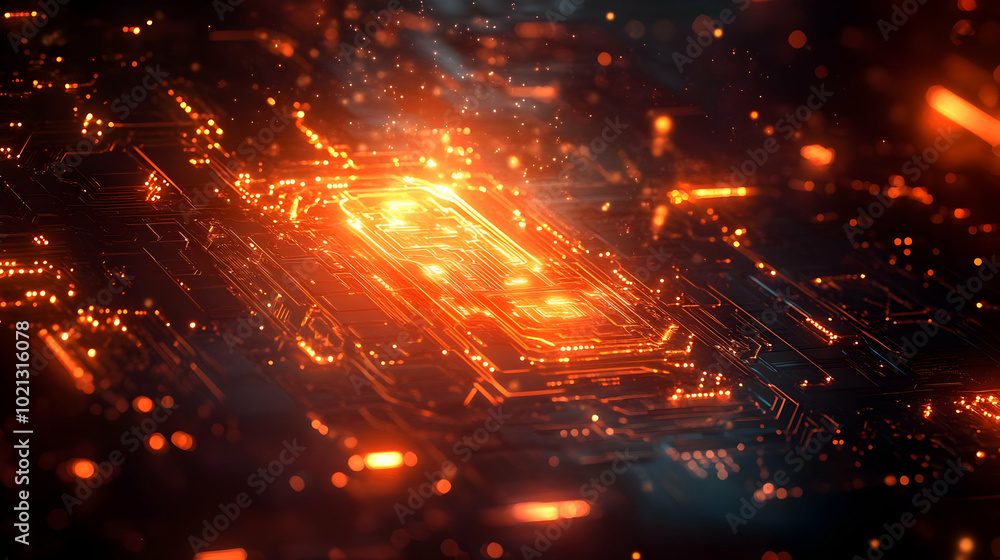Abstract 3D Illustration of a Circuit Board with Glowing Orange Lines Abstract 3D Illustration of a Circuit Board with Glowing Orange Lines
