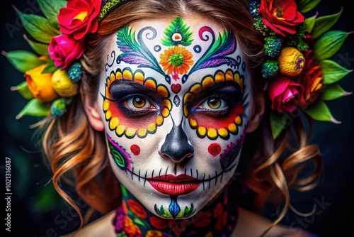 Creative Skull Face Paint Art for Halloween or Themed Events with Bright Colors and Intricate Design