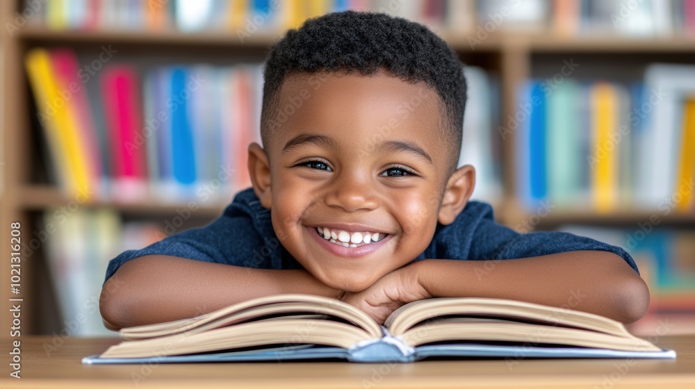 Smiling Child Reading a Book in a Library, AI Smiling Child Reading a Book in a Library, AI