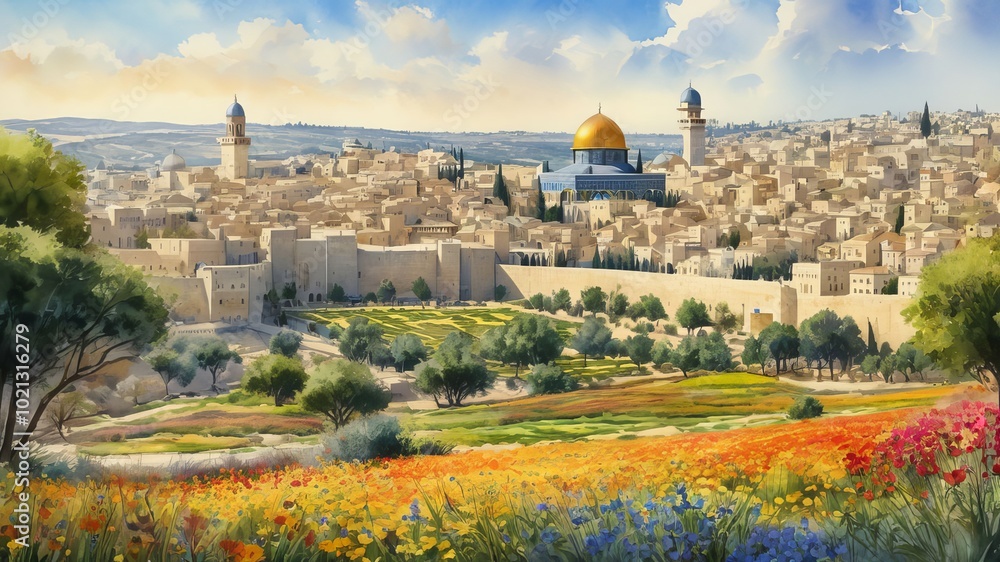 Fototapeta premium panorama of the jerusalem in old city content created with generative AI software