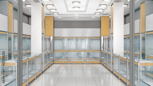 Fototapeta Naklejka Na Ścianę i Meble -  Retail store showroom interior mockup with glass metal wood display cabinets and showcases. 3d illustration