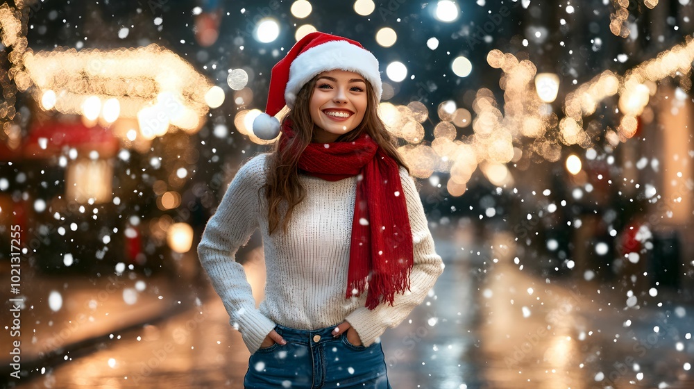 Joyful person wearing a Christmas hat and scarf enjoying snowfall in a festive street at night Joyful person wearing a Christmas hat and scarf enjoying snowfall in a festive street at night