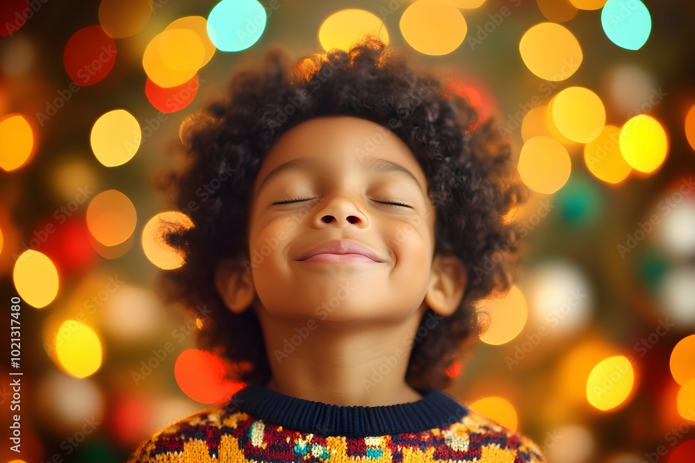 A joyful child with curly hair enjoying a festive atmosphere during the holiday season A joyful child with curly hair enjoying a festive atmosphere during the holiday season