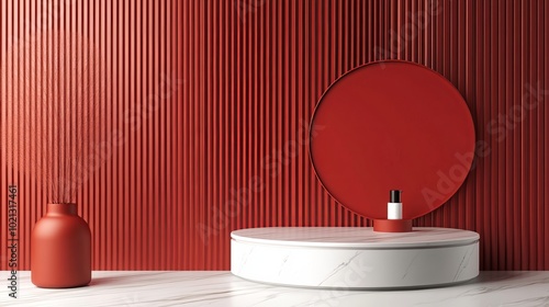Abstract minimalist design featuring a red color scheme. The 3D-rendered podium is perfect for showcasing cosmetics or other products. Its clean lines