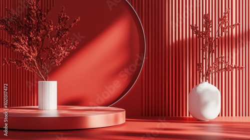 Abstract minimalist design featuring a red color scheme. The 3D-rendered podium is perfect for showcasing cosmetics or other products. Its clean lines