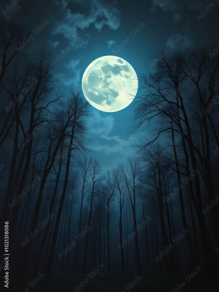 A painting of a moonlit forest with a large moon in the sky halloween backdrop A painting of a moonlit forest with a large moon in the sky halloween backdrop