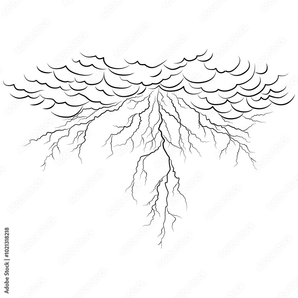 Fototapeta premium Clouds lightning discharges, Lightning between clouds and ground, Strokes of cloud to ground lightning strike realistic contour, outline lines drawn on a white background