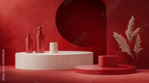 Abstract minimalist design featuring a red color scheme. The 3D-rendered podium is perfect for showcasing cosmetics or other products. Its clean lines